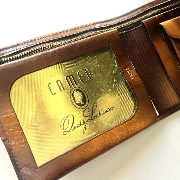 Vintage Cameo Brown Leather Wallet Bifold Card Holder Zipper Pocket - Picture 7 of 8